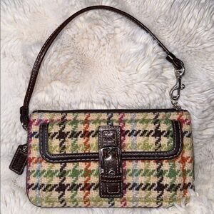 COACH Plaid Houndstooth wristlet with Brown Leather Trim